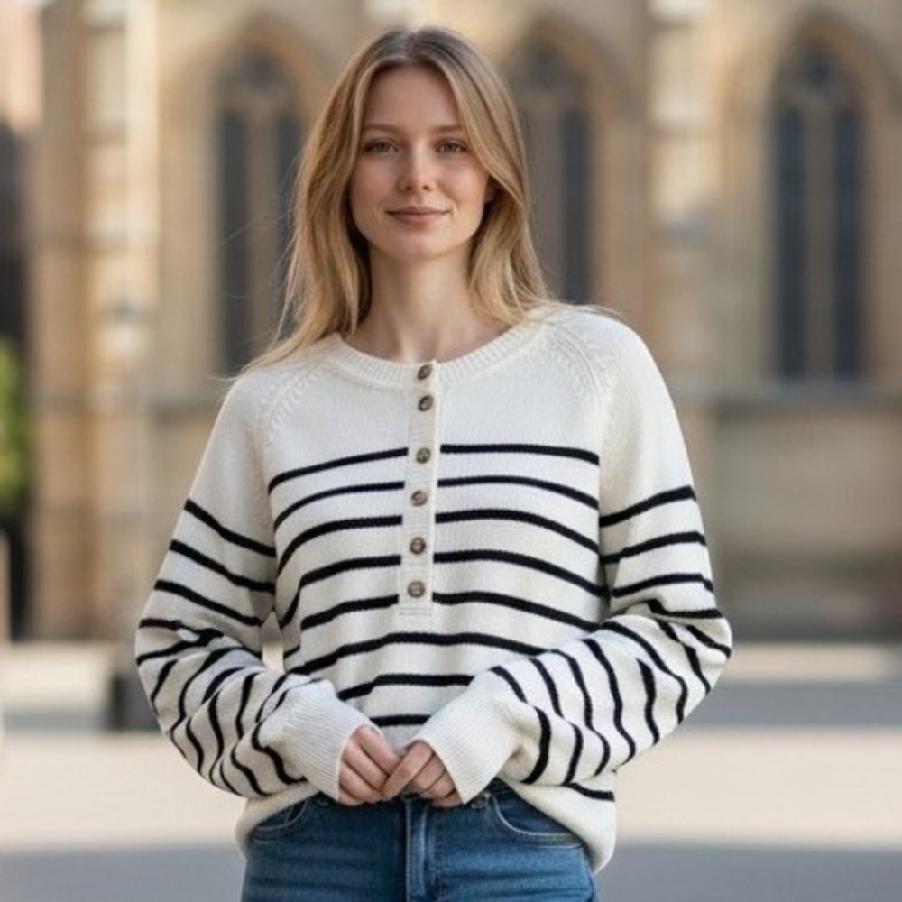 Collection by Cezele Womens Striped Henley Sweater Balloon Sleeve Cream Black M